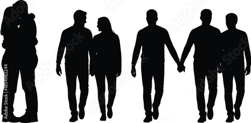 Black silhouettes of people walking and embracing couples