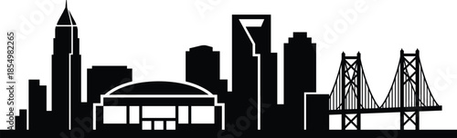 Charlotte skyline silhouette illustration, suspension bridge, domed stadium, cityscape, black vector, iconic landmark, isolated, urban graphic