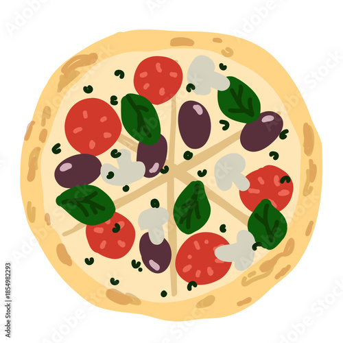 Italian pizza with tomatoes, olives, basil, mushrooms and cheese for banner, background, card, poster, menu. Whimsical Vector illustration in trendy minimalistic flat style. Top view.