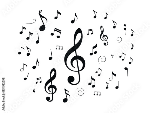 Music notes with curves, swirls vector illustration. Melody element. Musical note. Staff treble clef notes musician concept vector isolated on transparent background. 