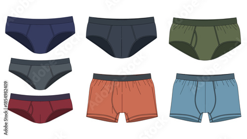 Collection of assorted men's underwear styles including briefs and boxer briefs in various colors