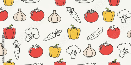 Vector illustration of a healthy set of vegetables and fruits featuring icons of apple, tomato, onion, carrot, lemon, strawberry, garlic, banana, pepper, pineapple, cucumber, and cherry design