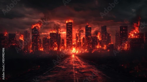 Burning futuristic city skyline reflecting in fiery water, illustrating apocalyptic destruction and human downfall a dramatic vision of chaos, heat, and the collapse of civilization in glowing inferno