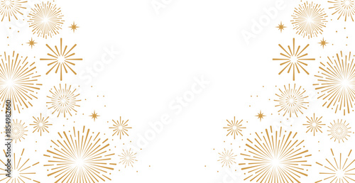 Elegant gold fireworks burst and sparkling stars on clean white background, festive celebration illustration for New Year, holiday party, greeting card, luxury event design, minimalist style vector.
