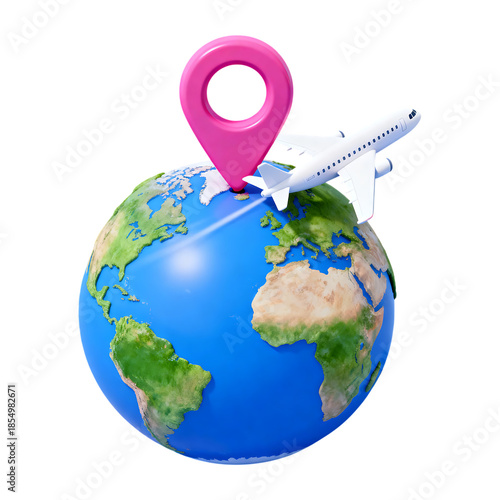 A 3d rendered image of an airplane flying around a globe with a location pin on transparent background