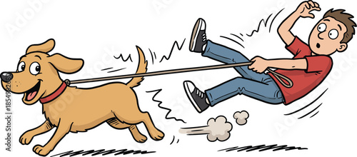 Dog pulling person cartoon illustration, energetic pet behavior, leash chaos, motion lines, humorous scene, black outline, isolated, vector