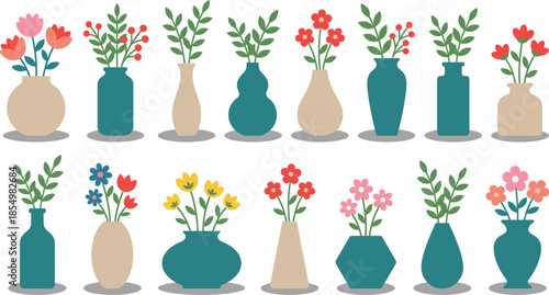 Flower vase illustration set, 15 arrangements, colorful blooms, teal and beige vases, black outline, isolated, vector graphic