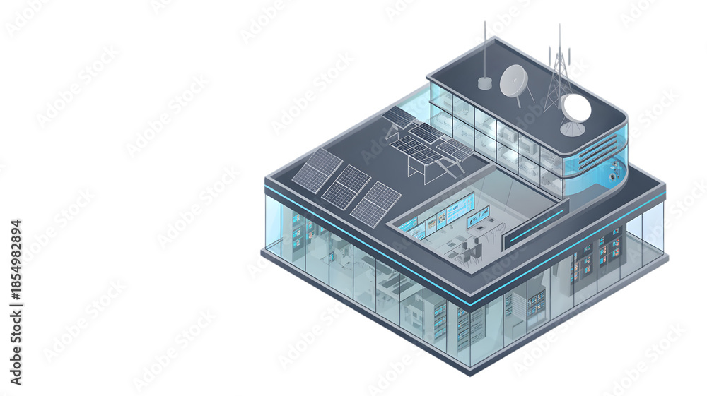 Obraz premium Isometric illustration of a modern building with rooftop solar panels and sleek architecture