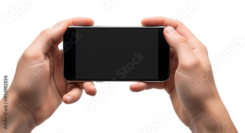 Hand holding smartphone horizontally with blank black screen on transparent background.