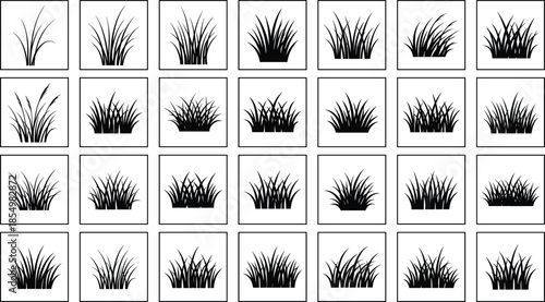 Grass clump silhouette grid illustration, 30 styles, blade variations, landscaping icons, black outline, isolated, vector graphic