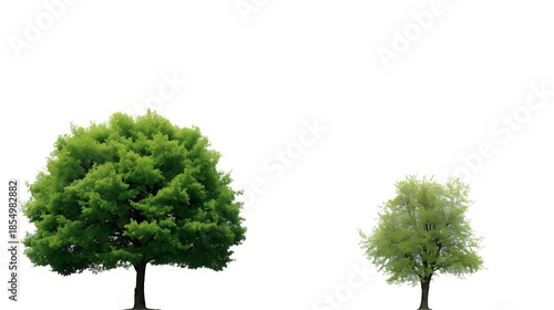 A big green oak tree with lush summer foliage and a natural wood trunk stands as a single plant isolated on a white background to represent growth and environment in the spring season