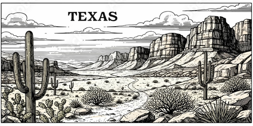 Vintage black and white sketch illustration of an ancient Italian farm house and vineyard in the Tuscany landscape featuring vector art of old village architecture and nature trees