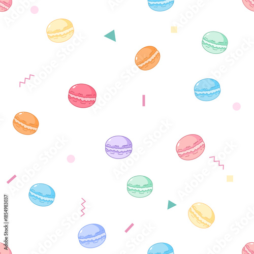 Seamless Pattern of Colorful Sweet Macarons with Pastel Geometric Elements on White Background