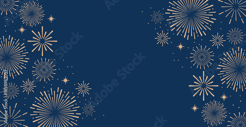 Elegant gold fireworks burst and sparkling stars on clean blue background, festive celebration illustration for New Year, holiday party, greeting card, luxury event design, minimalist style vector.