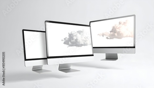 Three modern computer monitors, two showing clouds, against a white background