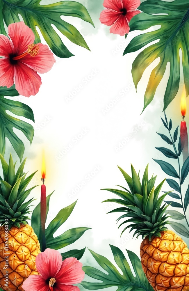 Fototapeta premium Watercolor tropical theme features pineapples, hibiscus flowers, and lit candles in lush green leaves and foliage. This vibrant, exotic composition evokes a luau or summer celebration atmosphere.