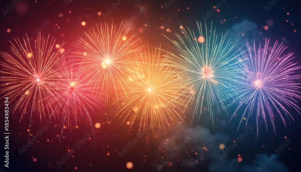 Fototapeta premium Colorful fireworks explode in night sky. Bright bursts of red, orange, yellow, blue, and purple light up the dark expanse. Gentle smoke drifts below as small sparks scatter in the air.
