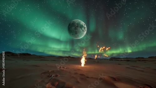 Silhouetted Desert Camp Beneath Vibrant Green Aurora Borealis and a Full Moon