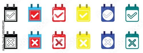 Set of calendar icons with check mark and cross symbols in various styles and colors.