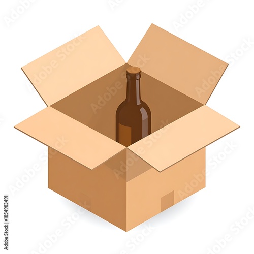 Open cardboard box containing a brown glass bottle, depicted in a simple, clean isometric style