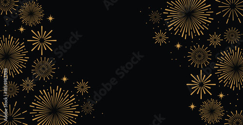 Elegant gold fireworks burst and sparkling stars on clean black background, festive celebration illustration for New Year, holiday party, greeting card, luxury event design, minimalist style vector.