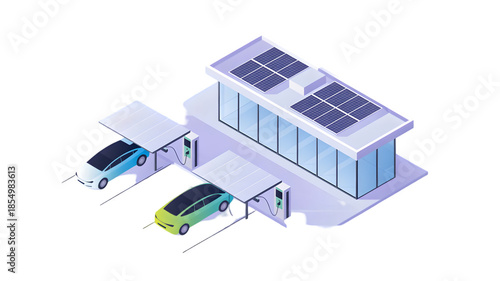 Wallpaper Mural Modern electric vehicles charging at a futuristic sustainable building with solar panels on a clean white background. Torontodigital.ca