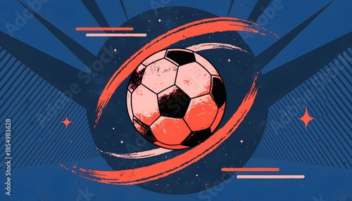 Stylized Soccer Ball with Swirling Red-Orange Energy on Blue Cosmic Background