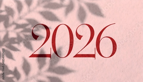 Elegant Red 2026 Typography on Light Pink Background with Leaf Shadows – Minimalist Future Design
