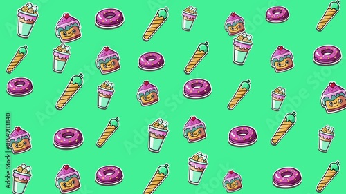 Repeating pattern of donuts, ice cream cones, and cupcakes suitable for food packaging, stationary, or childrens products with a sweet theme.