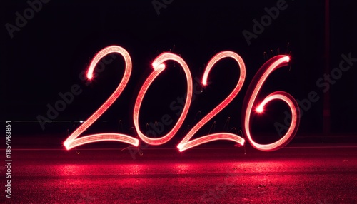 2026 Written in Red Light Against Dark Background – Long Exposure Celebration Concept
