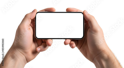 Hand holding a smartphone horizontally with blank white screen on a transparent background