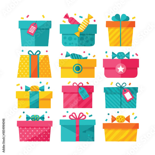 Colorful illustration of 12 wrapped gifts in various patterns and colors with bows and tags on a white background.