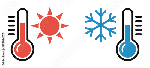Hot and cold temperature concept with red thermometer sun and blue thermometer snowflake vector illustration