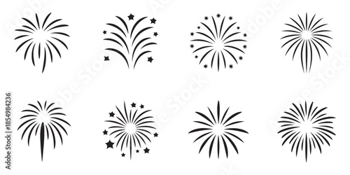 Set of black firework icons celebrating new year festival independence day events pyrotechnic display elements
