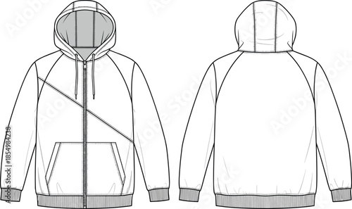 Technical of a white zip-up hoodie with hood and kangaroo pocket technical fashion clothing white hoodie