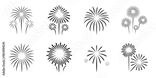 Set of black and white firework icons, vector festive celebration design elements, sparkling explosions