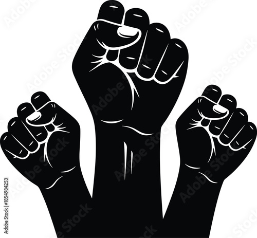 Three black fists raised in solidarity on white background raised fists protest