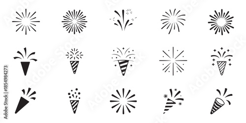 Firework celebration icons set. flat popper and cracker symbols. festival party explosion vector collection