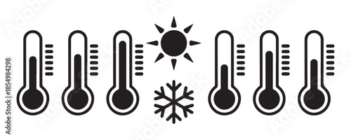 Temperature icons with thermometers showing varying levels alongside sun and snowflake for weather concepts