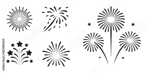 Variety of black firework icons, vector festive explosion design elements for celebration events