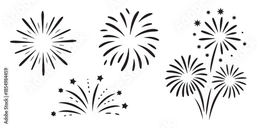 Set of firework isolated on white background. Collection of fireworks or pyrotechnic explosions for new year