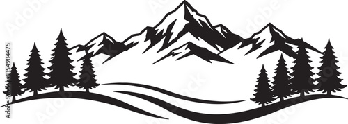 A striking black and white illustration of majestic mountains and evergreen trees