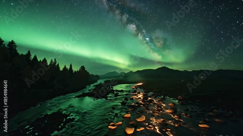 Majestic Winter Night Landscape Under Green Auroras and Starry Milky Way