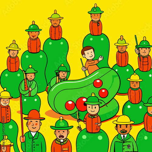 Many green and red Manila Tamarind or makham thet in Thailand on yellow background with Miniature people worker.
