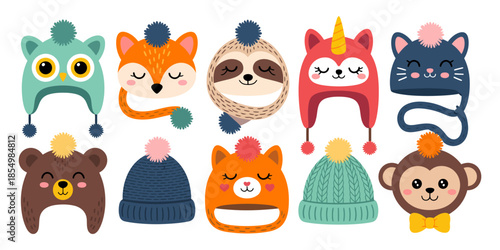 Cute woolen knitted hat set with warm winter headwear. Cozy fashion headdress styles and charming cold-season apparel illustrations for holiday cards, scrapbooking, and seasonal branding.
