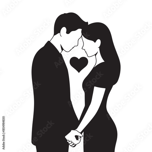 Couple in formal attire, holding hands, looking at each other, heart shape between them, elegant romance