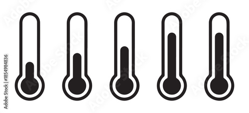Set of black and white vector thermometers with different temperature levels, modern flat design style