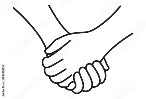 Two people holding hands black and white line art vector illustration showing support, unity, and relationship