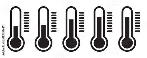 Set of black and white vector thermometers with different temperature levels, hot and cold weather icon concept