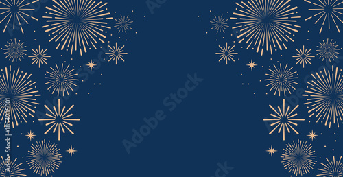 Elegant gold fireworks burst and sparkling stars on clean blue background, festive celebration illustration for New Year, holiday party, greeting card, luxury event design, minimalist style vector.